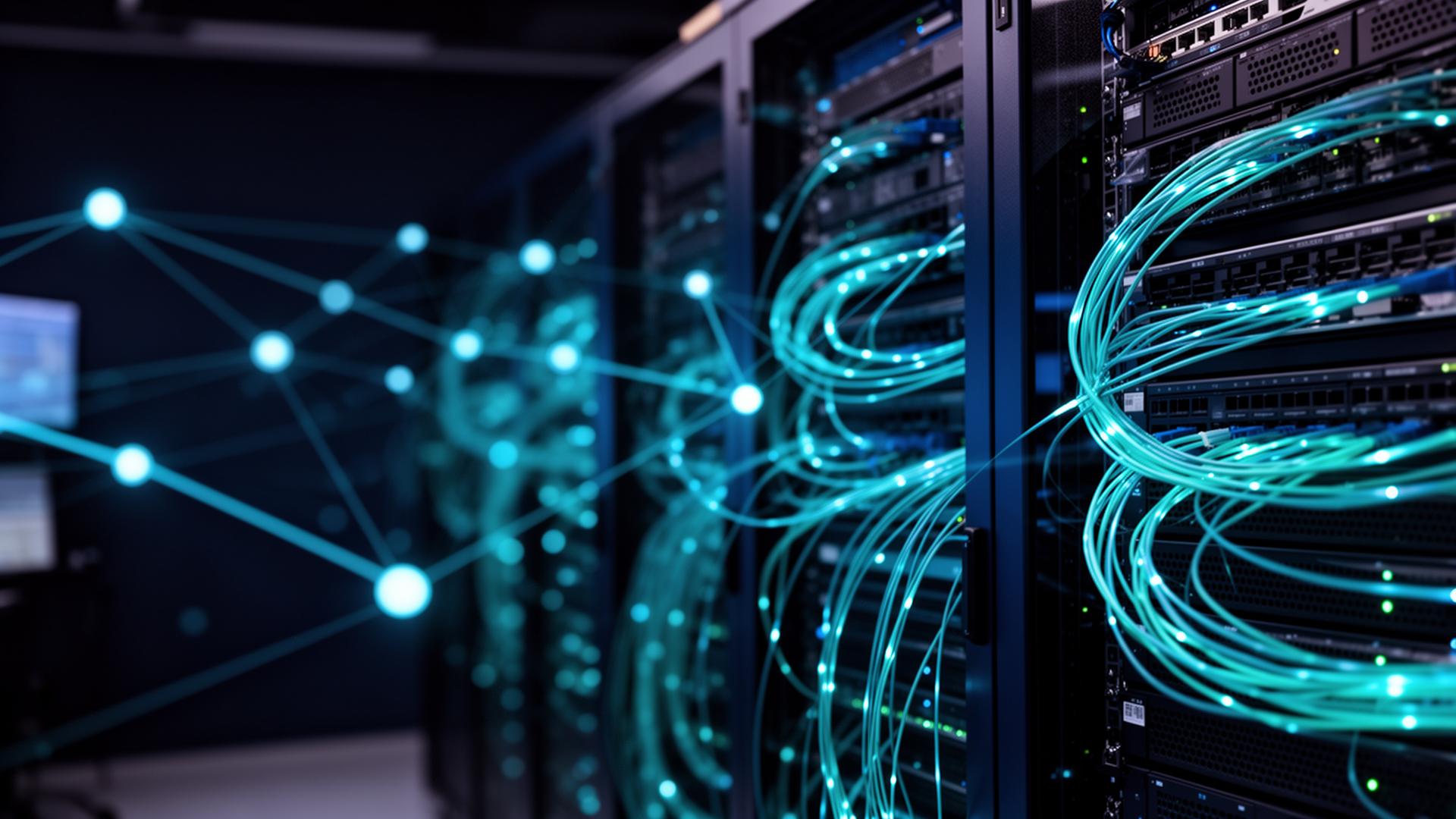Enterprise network infrastructure with glowing fiber optic cables